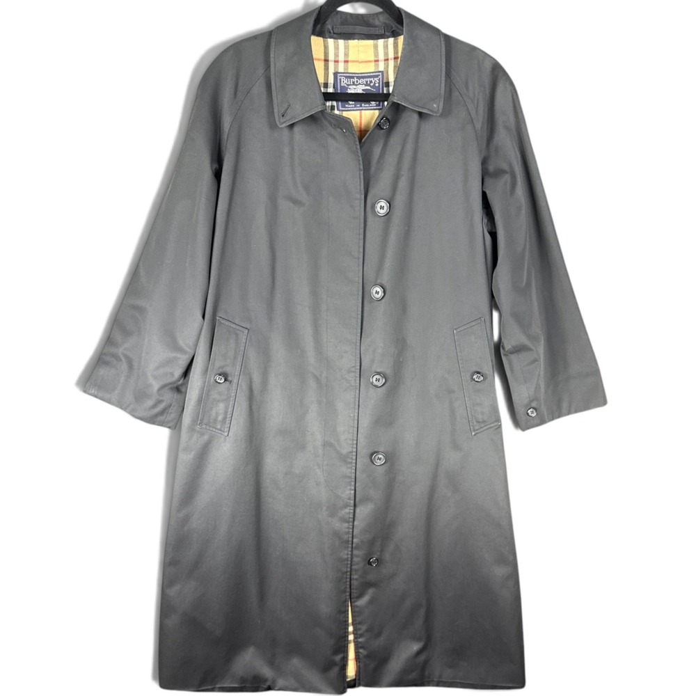 Burberrys Trench Coat Women 14 Long Black Good Nova Check Lining Made In England